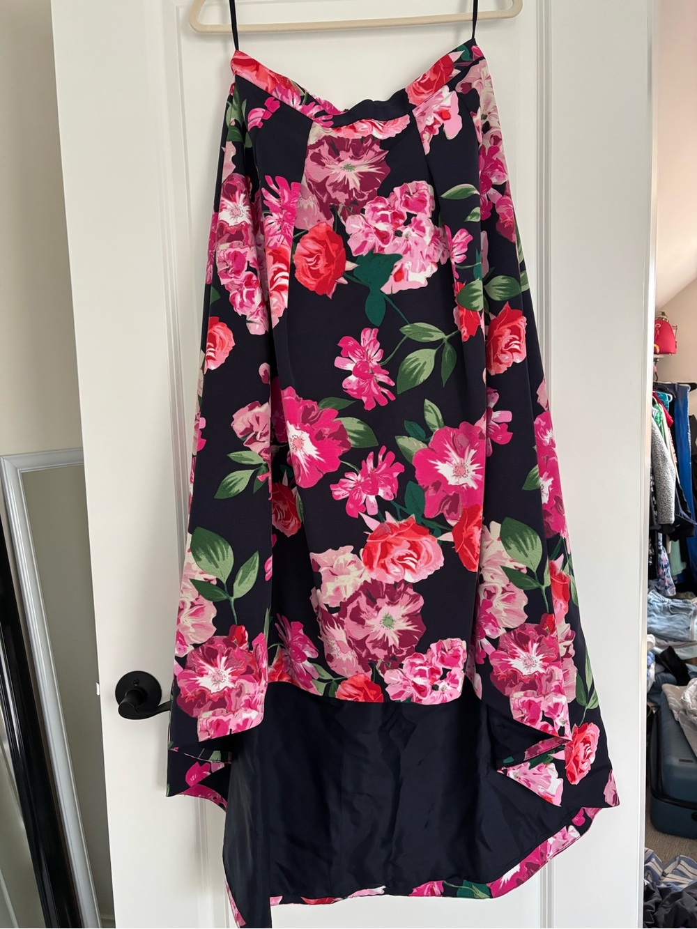 Eliza J Floral High-Low A-Line Skirt - Black with Pink Floral